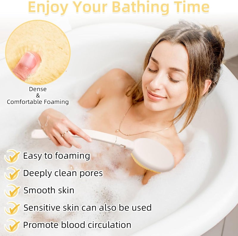 LFJ 19" Long Handle Shower Sponge Brush Set, 3 in 1 Body Brush, Bath Sponge and Lotion Applicator Improved Skin Health, Suitable for Men and Women (White Brush-2P) - Image 5